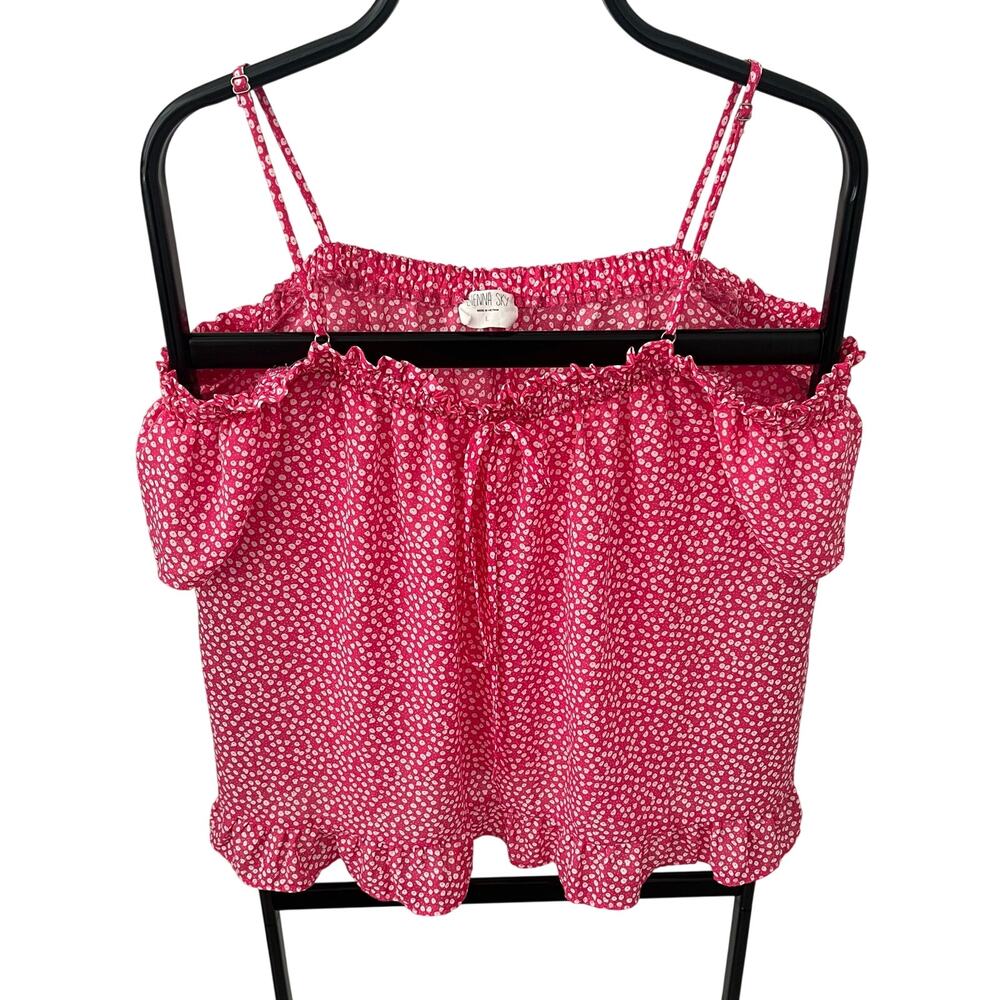 Sienna Sky Womenโs L Pink White Cold Shoulder Ruffle Cami Top Adjustable Straps